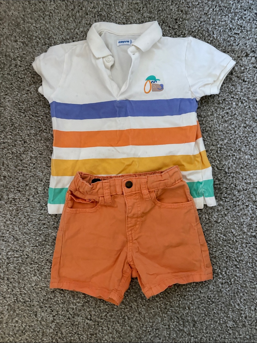 Mayoral White Polo with Purple, Orange, Yellow and Teal Stripes + Orange Shorts